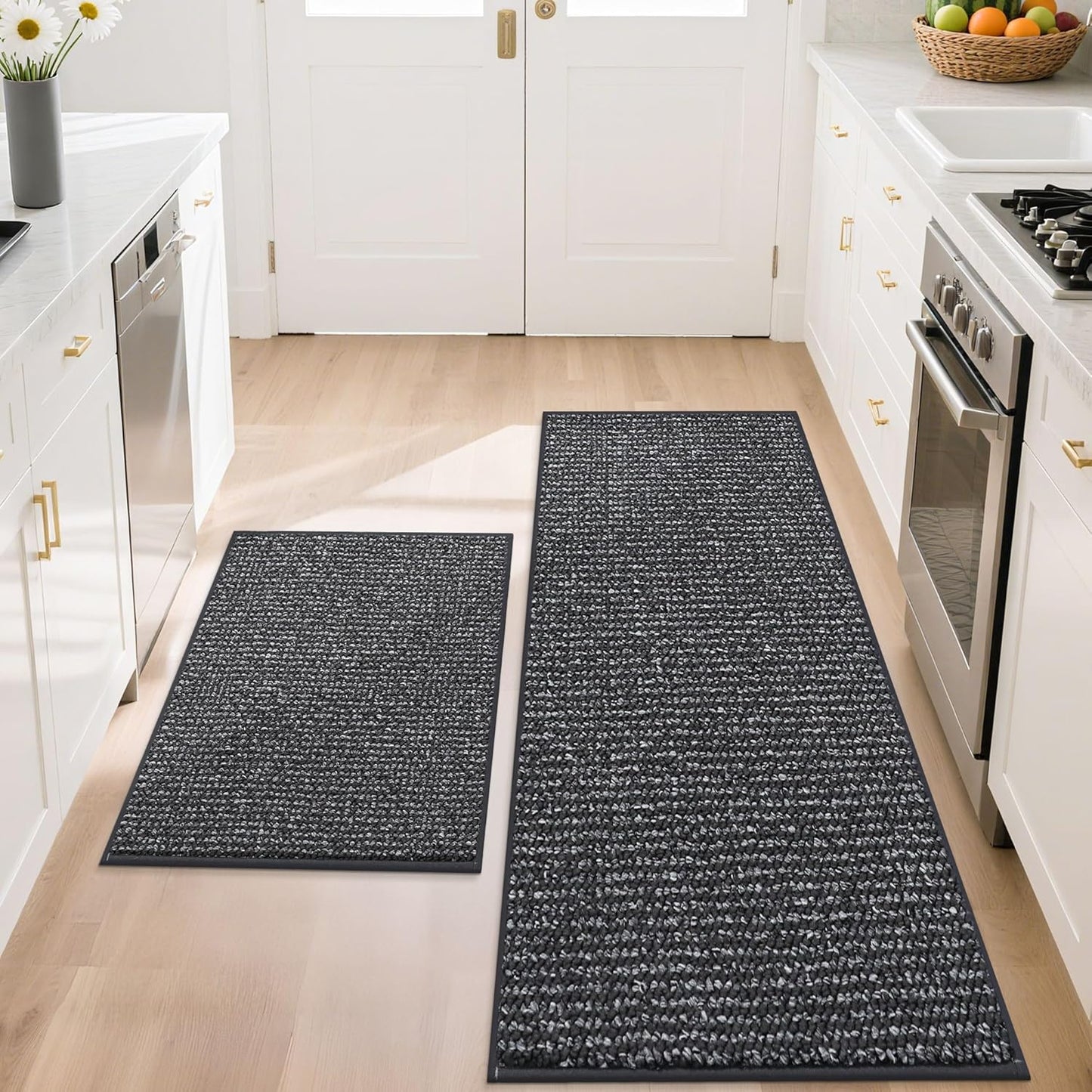 BEQHAUSE Kitchen Rugs and Mats 2PCS, Non-Slip Kitchen Mats for Floor, Absorbent and Stain Resistant Kitchen Runner, Machine Washable Rugs for Kitchen, Laundry & Sink, 20"x32"+20"x48", Charcoal