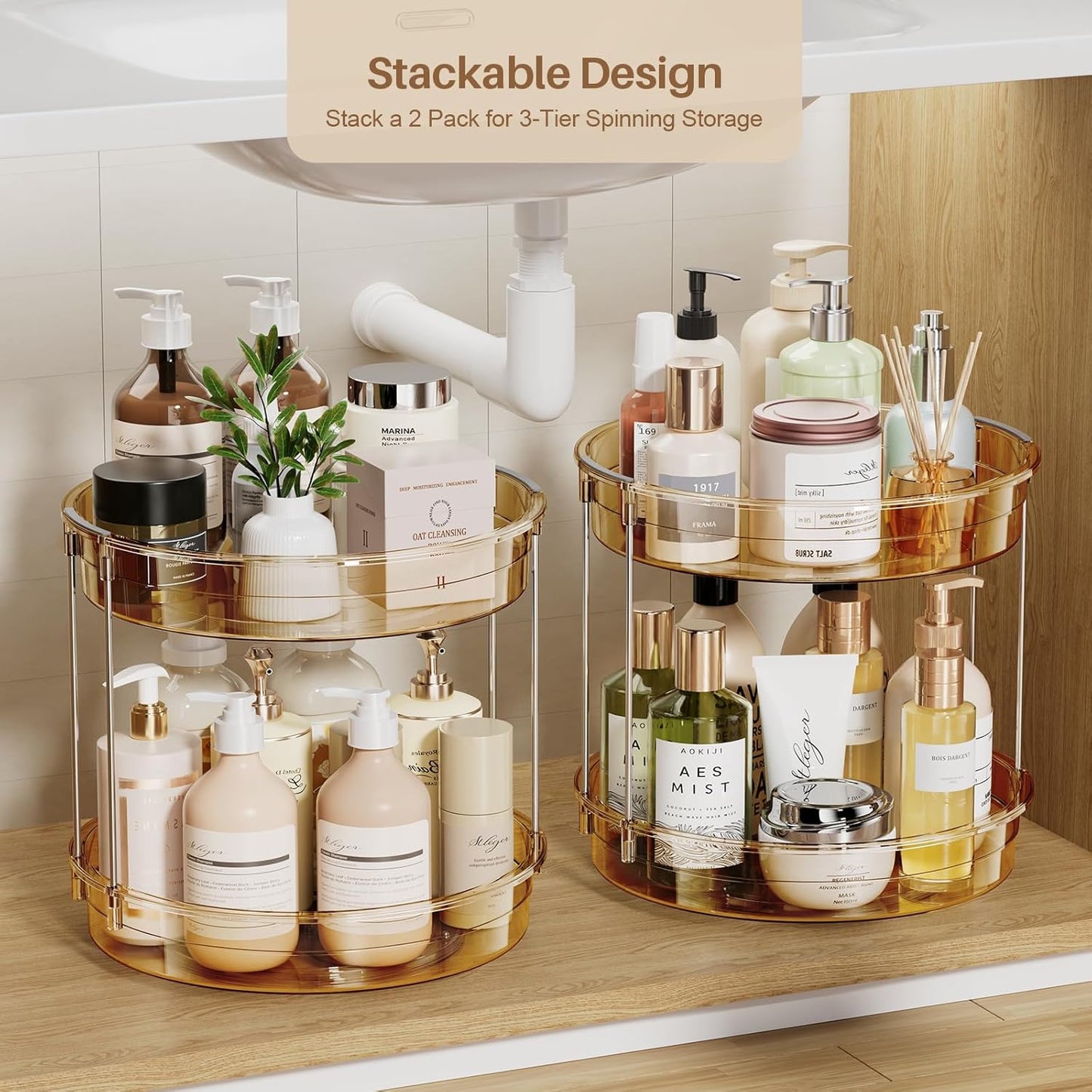 LAMU 2 Pack 2 Tier Lazy Susan Turntable Organizer 12'' Rotating Spice Rack Organization for Cabinet, Kitchen, Pantry, Countertop, Bathroom, Vanity, Medicine Cabinet Organizer, Amber
