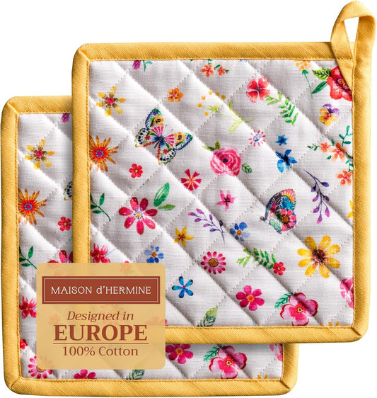 Maison d' Hermine Pot Holders Set 100% Cotton Heat Resistant Potholders 8" x 8" Hot Pads with Loop BBQ, Cooking, Grilling, Kitchen, Handling Hot Pans Spring/Summer (Pack of 2, Happy Florals - Sweety)