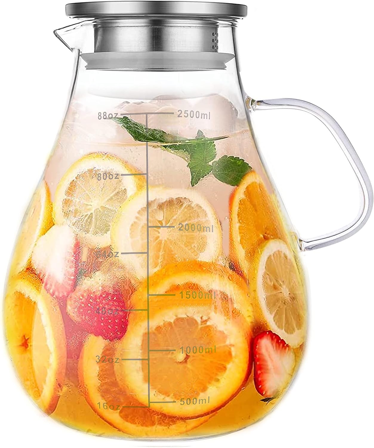 Glass Pitcher with Lid,88 Ounces -2500ml with Precise Scale Line, Hot/Cold Water Jug, Juice and Iced Tea Beverage Carafe with Lid