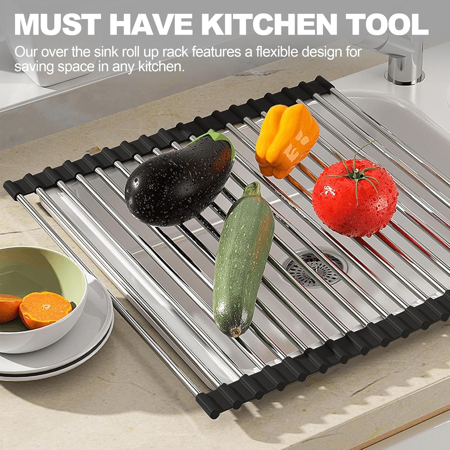 NEZUIBAN Dish Drying Rack with Roll Up and Over Sink for Kitchen,20.5"x13.8",Black