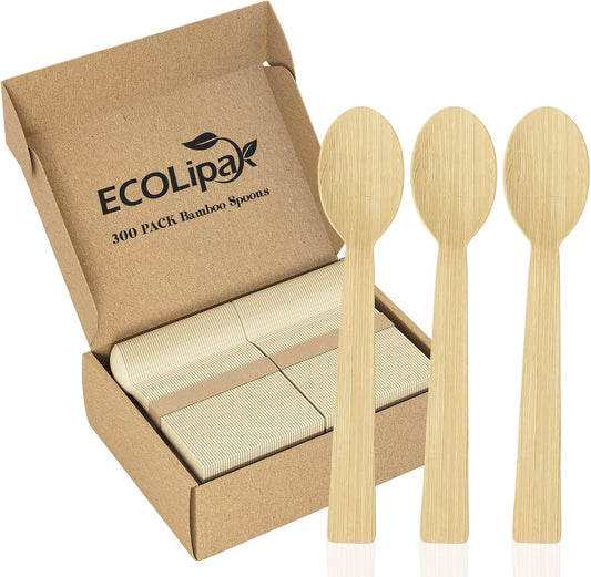 ECOLipak 300 Count Bamboo Spoons Disposable, 6.7 Inch No Splinters Heavy Duty Bamboo Disposable Compostable Spoons for Party, Wedding, Camping, Traveling, Family Dinners, Large Events