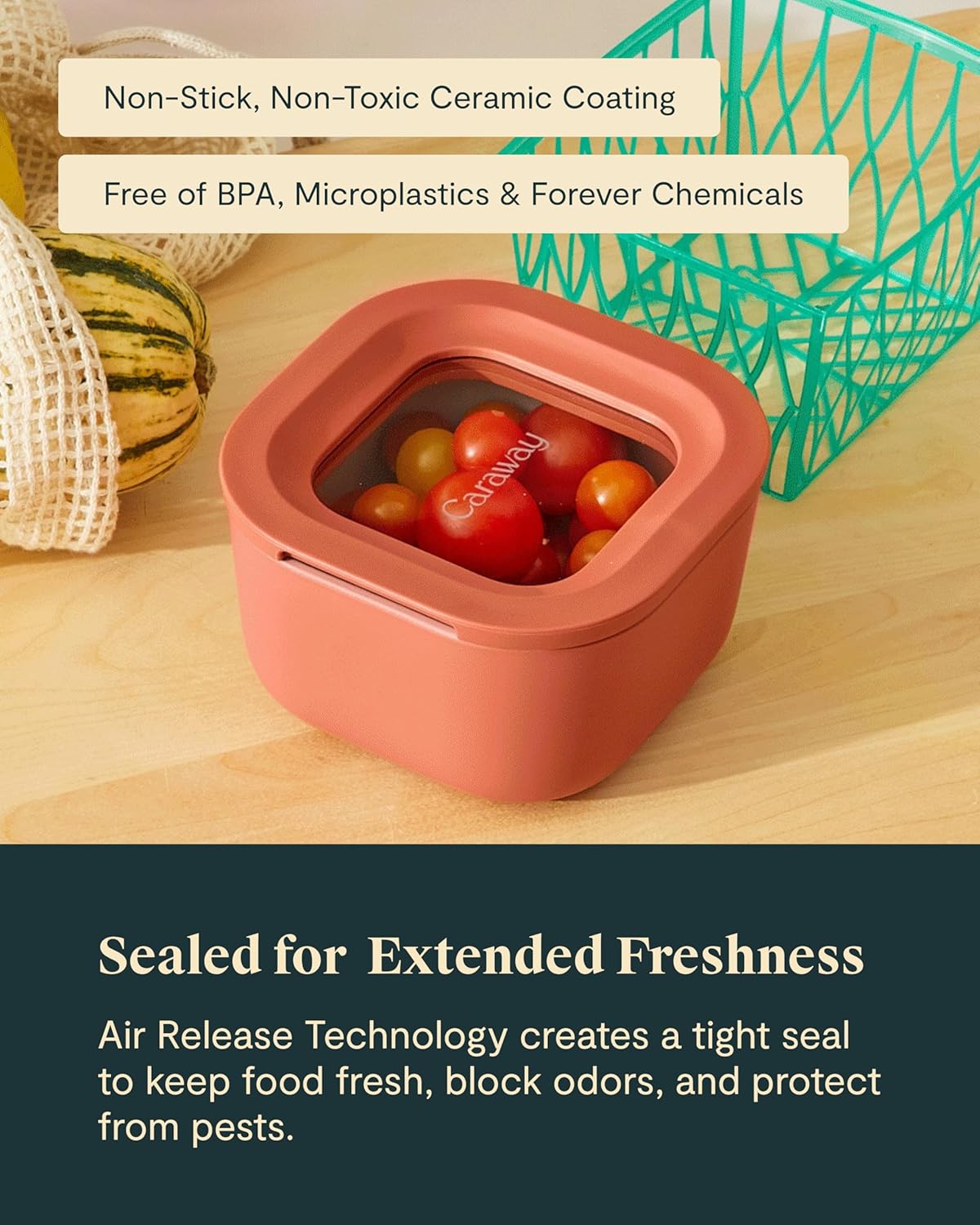 Caraway Mini Square Food Storage Container - 1.75 Cup Glass Storage Container for Food - Non-Toxic Ceramic-Coated Glass - Air Release Technology - Compact & Stackable Design - Cream