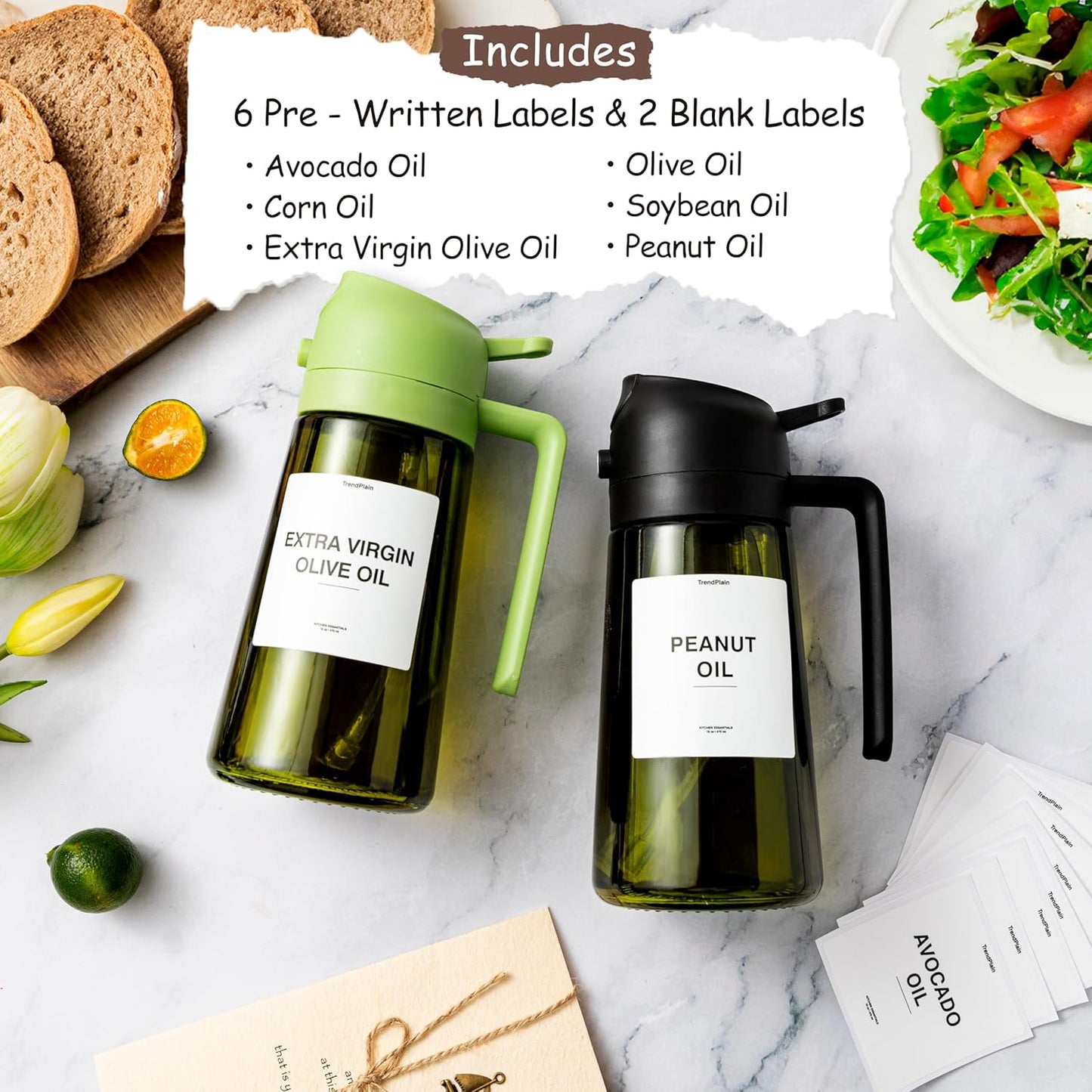 TrendPlain - Original 16oz/470ml Olive Oil Dispenser Bottle for Kitchen Gadgets and Air Fryer Accessories - Olive Oil Sprayer for Cooking w/Stickers - Black