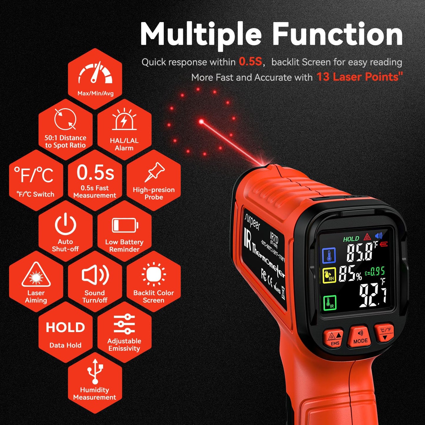 -58°F to 2732°F Infrared Thermometer IR Laser Gun 50:1, Digital Temperature Gun/K-Type Probe -4°F~932°F, Humidity Sensor, High-Temp Pyrometer for Kiln, Forge, Furnace, Industrial Use