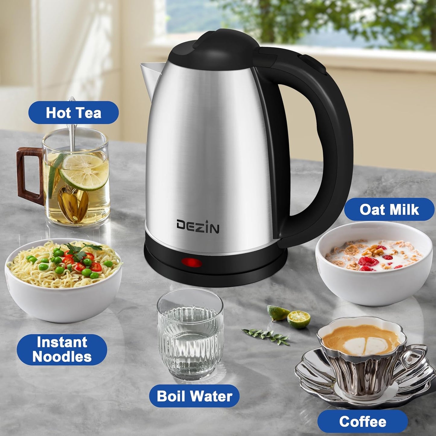 DEZIN Electric Kettle Upgraded, BPA Free 2L Stainless Steel Tea Kettle, Fast Boil Water Warmer with Auto Shut Off and Boil Dry Protection Tech for Coffee, Tea, Beverages