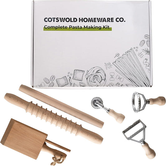 Complete 6 Pcs Pasta Making Tool Set Includes Two Ravioli Stamp Maker Cutter And Roller Wheel Set, Two Pasta Rolling Pins, Gnocchi Board By Cotswold Homeware Co