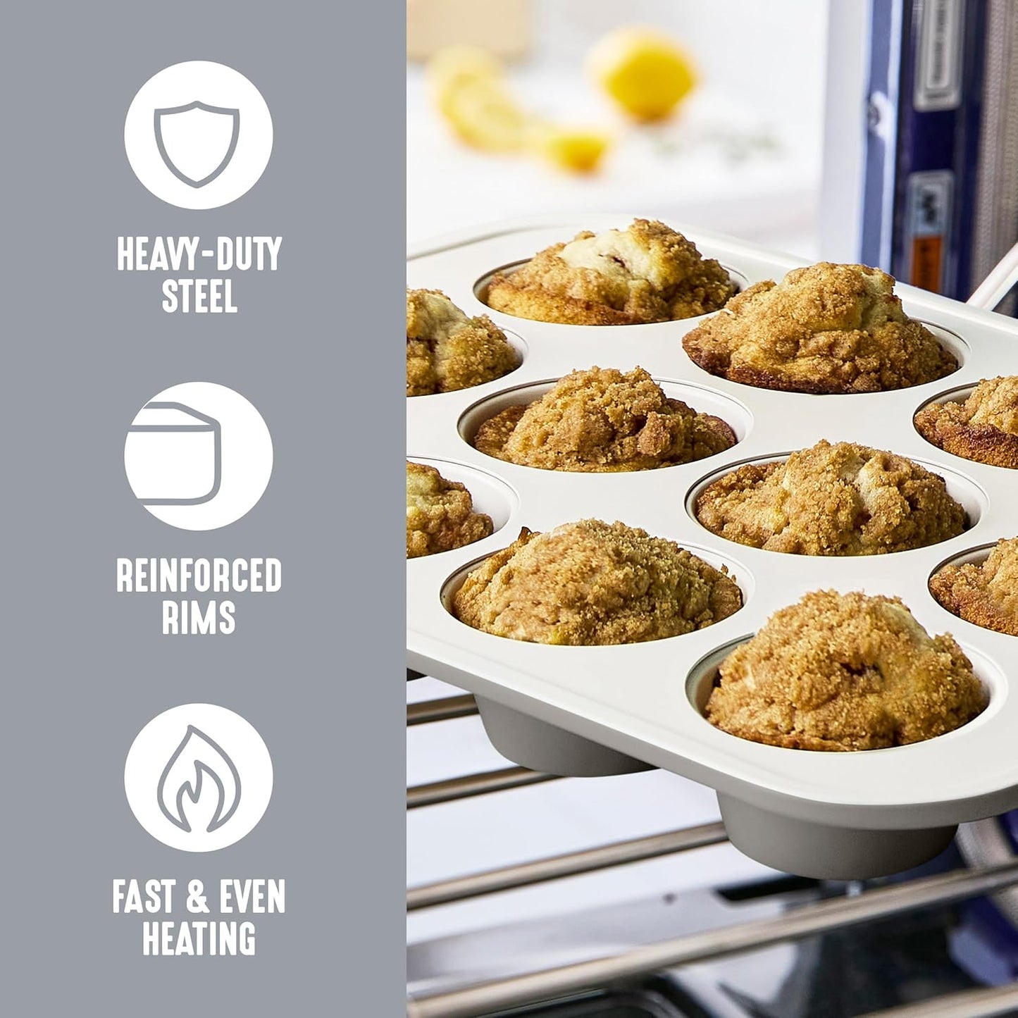 GreenLife 12-Cup Muffin Pan, Healthy Ceramic Nonstick Bakeware, PFOA & PFAS-Free Cupcake Sheet, Durable Baking Tray, Versatile Kitchen Essentials, Easy Clean Muffin Mold, Nonstick Baking Pan, Gray