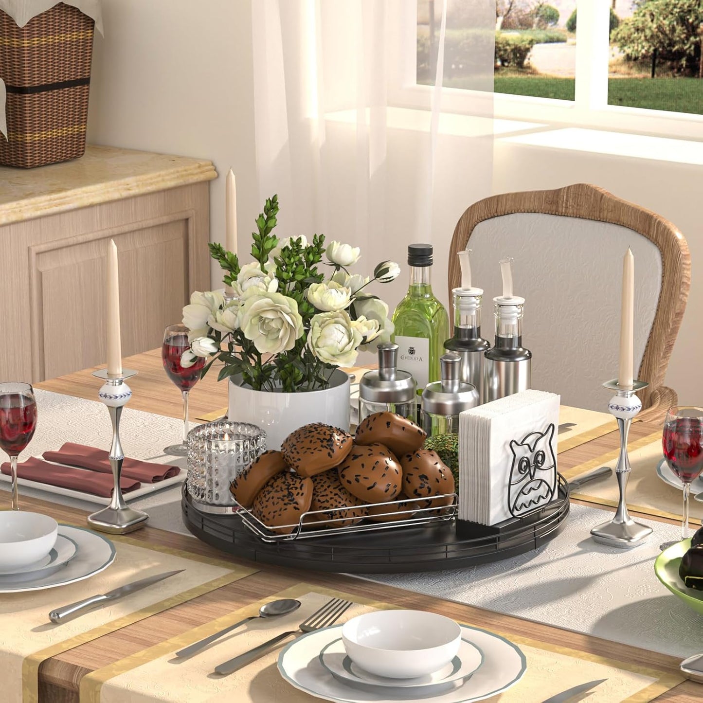 16" Oak Wooden Lazy Susan Turntable for Dining Table, Large Round Lazy Susans Organizer for Kitchen Countertop, Tabletop 360°Rotating Tray for Spice Organization and Storage Black Home Decor