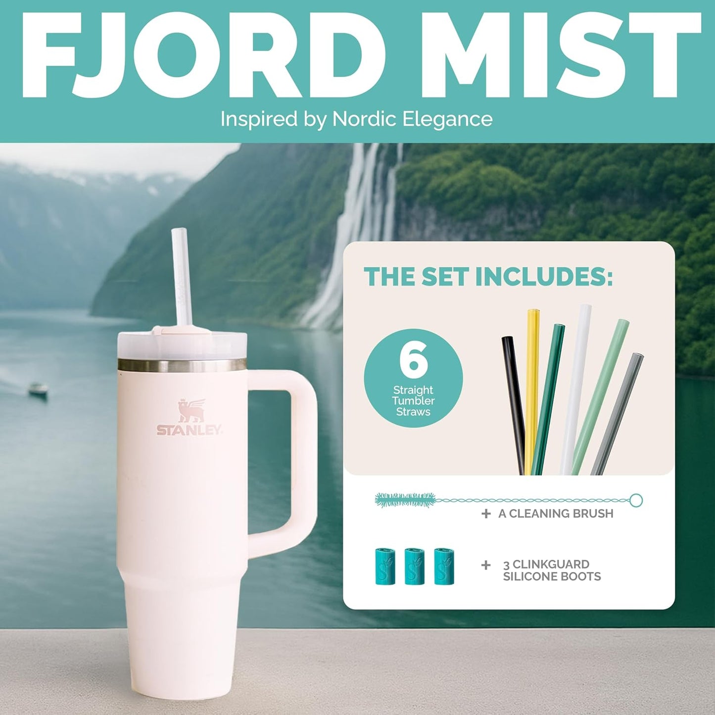 Simply Straws 12 Inch Glass Straws Straight (6-Pack) – Reusable Glass Straws for Stanley 40 Oz Tumbler, with Cleaning Brush – Durable, Dishwasher Safe, Hot & Cold Use, BPA-Free (Fjord Mist)