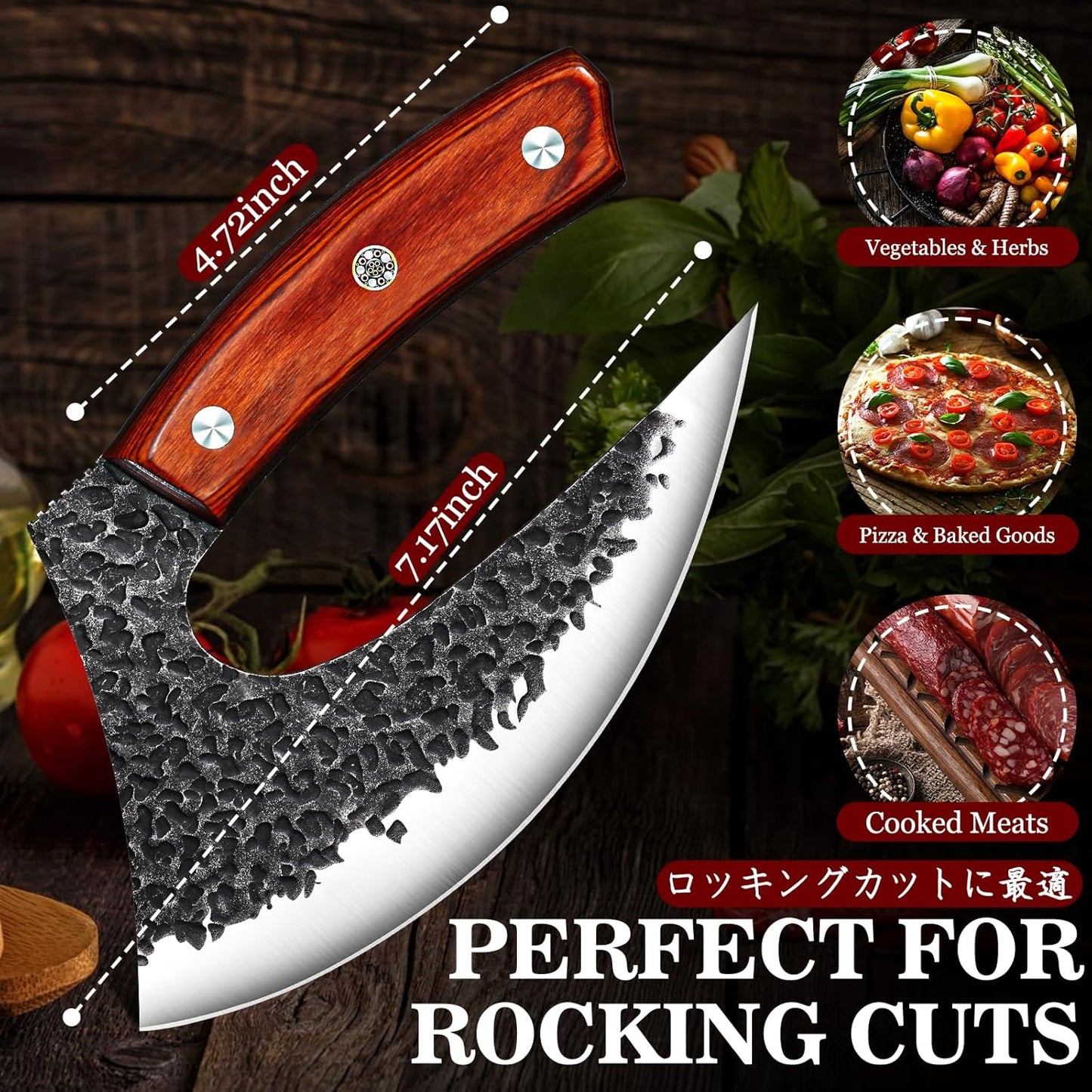 TIVOLI Ulu Knife with Sheath – Full Tang Rosewood Handle, Gift Box Included, Pizza Cutter & Viking Butcher Cleaver Knife for Meat and Herbs, Great for Outdoor Cooking and Unique Japanese Gifts for Men