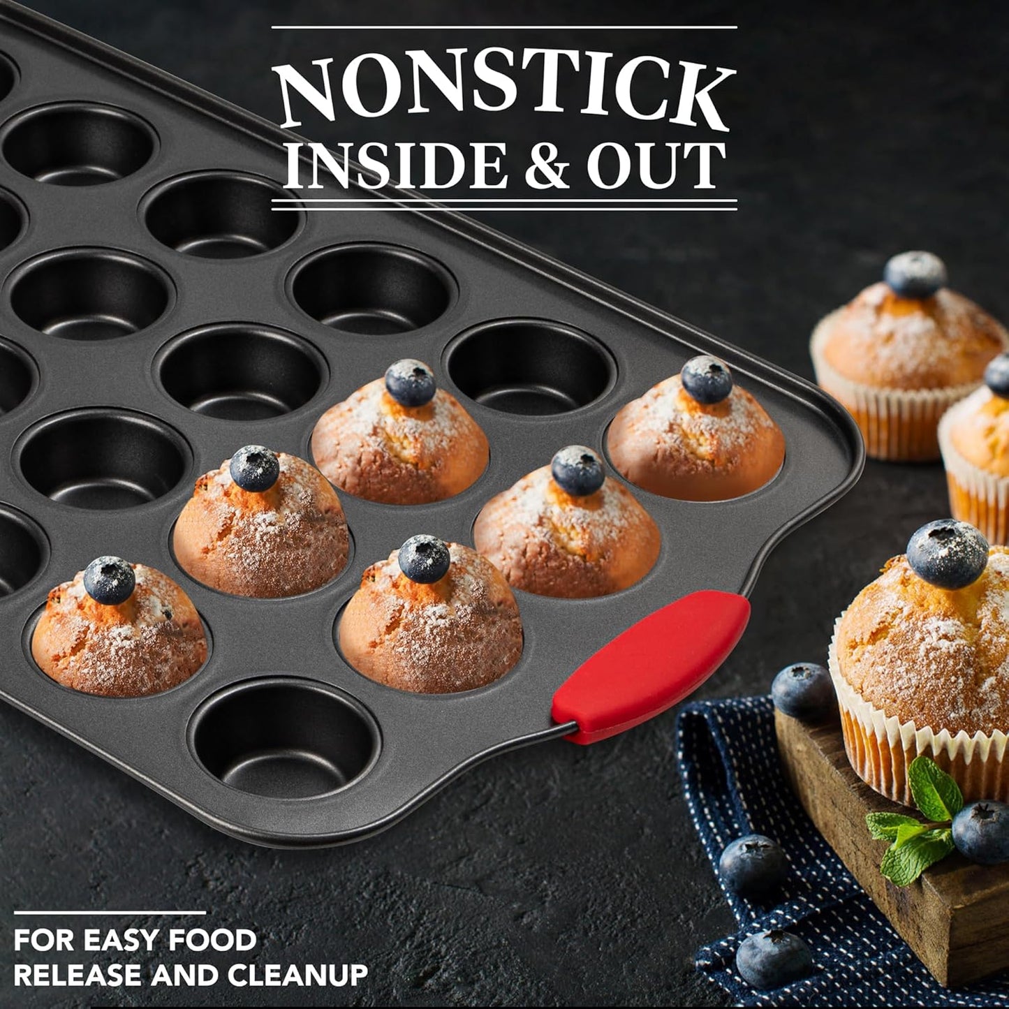 Tiawudi Muffin Pan, Nonstick Cupcake Pan Set, 2 Pack Heavy Duty Muffin Tins for Baking, 12-Cup Regular and 24-Cup Mini Bareware Tray with Silicone Grip Handles