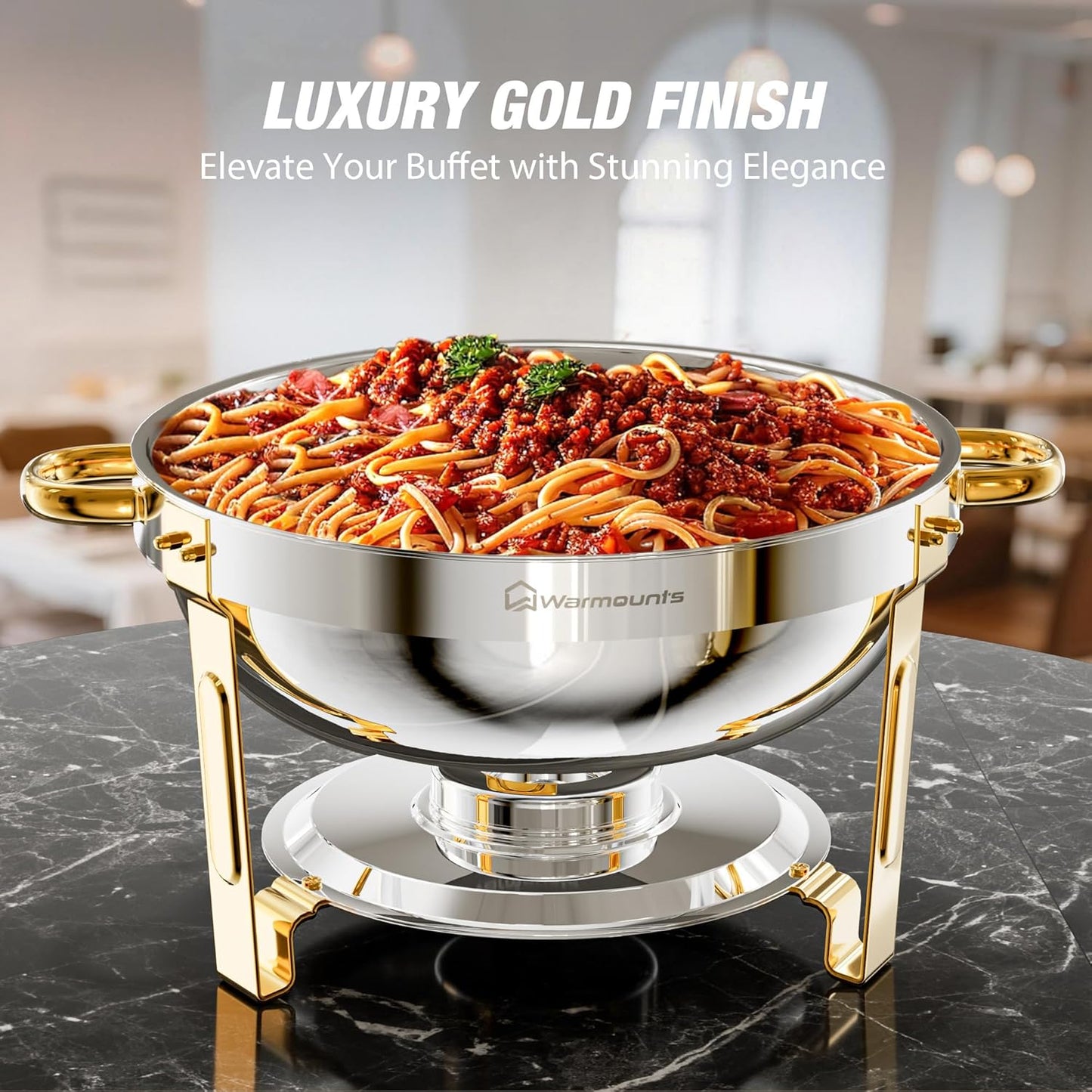 Gold Chafing Dishes for Buffet (5QT, 2 Pack), Round Chafers and Buffet Warmers Sets, Food Grade Stainless Steel Chafing Dish Set, Rolled Edge Design, for Catering Events, Parties, Weddings