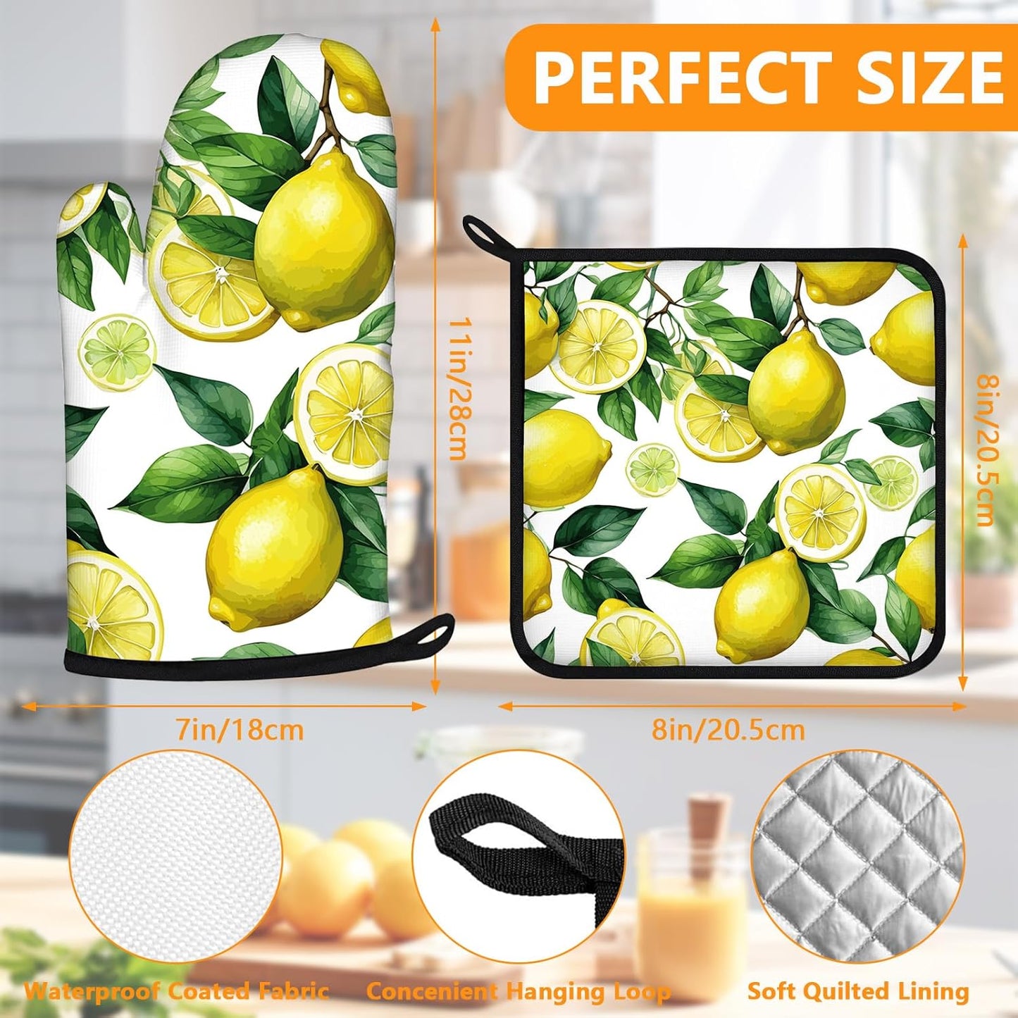Lemon Oven Mitts and Pot Holders Sets 4Pcs,Extra Long Oven Gloves Potholder for Kitchen Cooking Baking BBQ 100% Cotton Heat Resistant