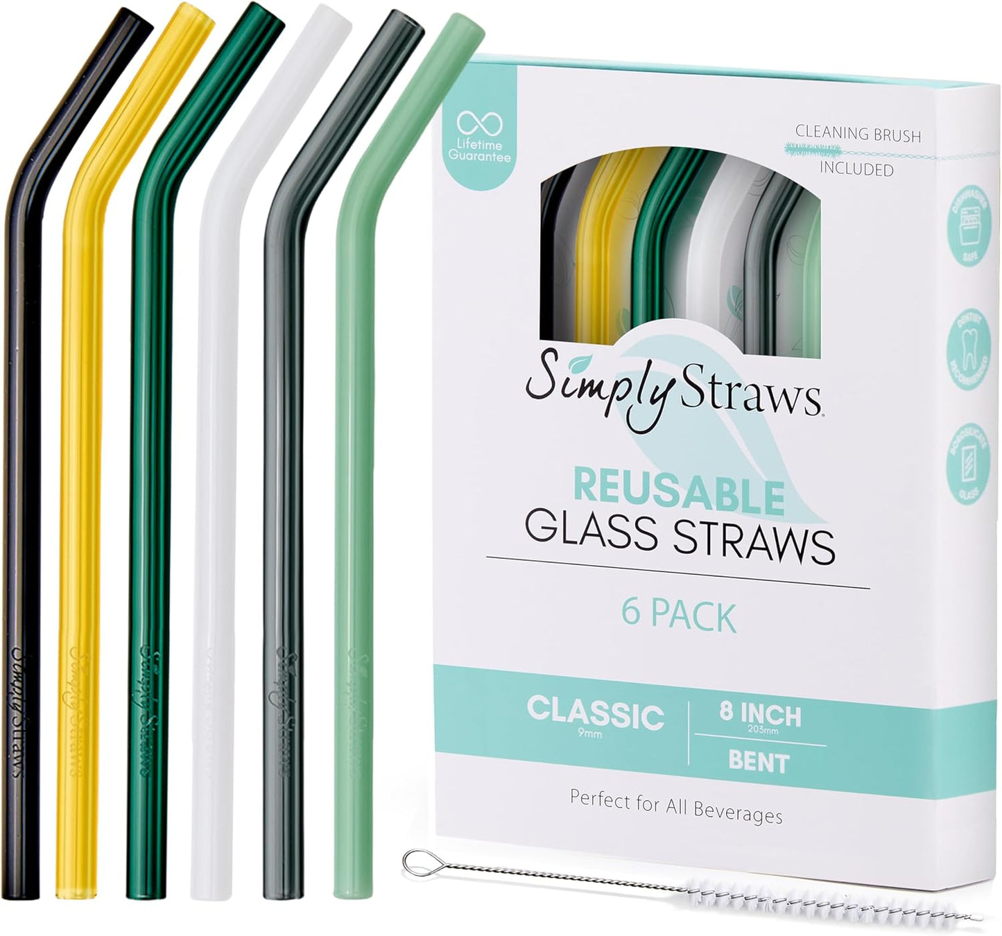 Simply Straws 8 Inch Glass Straws Bent (6-Pack) – Reusable Glass Straws for Pints & Juice Drinkware, with Cleaning Brush – Dishwasher Safe, Hot & Cold Use, BPA-Free (Fjord Mist)