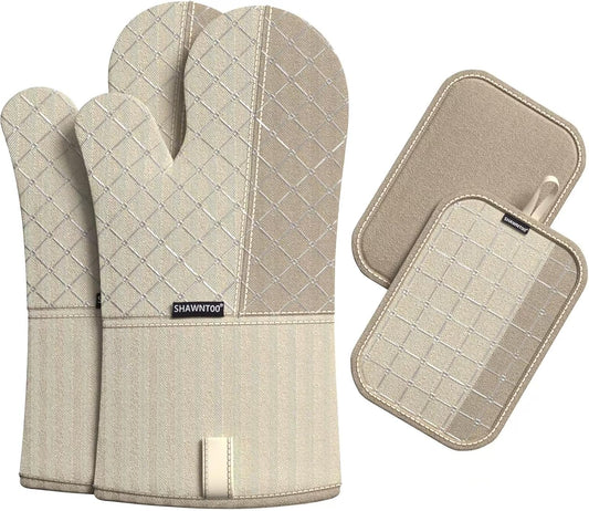 Oven Mitts and Pot Holders Sets 6pcs, Kitchen Oven Glove,High Heat Resistant 550 Degree Extra Long Oven Mitts and Potholders with Non-Slip Silicone Surface for Home Essentials (Grey) (Milkshake/Beige)