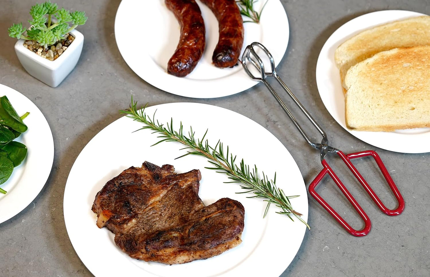 10-Inch Heavy Duty Stainless Steel Kitchen Tongs - Non-Slip Comfortable Red Grip, Scissor Design, Heat Resistant for BBQ and Cooking, Set of 2