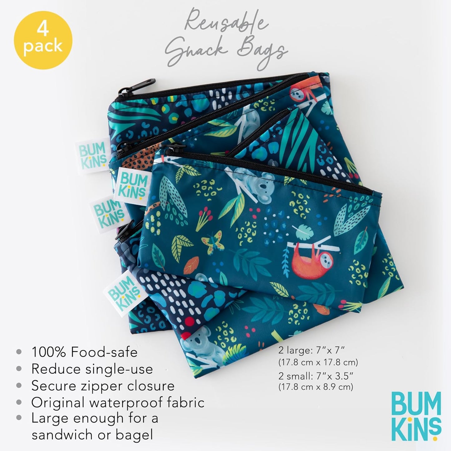 Bumkins - Cloth Snack & Sandwich Bags - For Storage, Travel, Food Prep, Lunch - Reusable, Water Resistant, Washable, Dishwasher Safe - Snack Bags for Kids - Zipper Closure - Jungle - 4 Pack