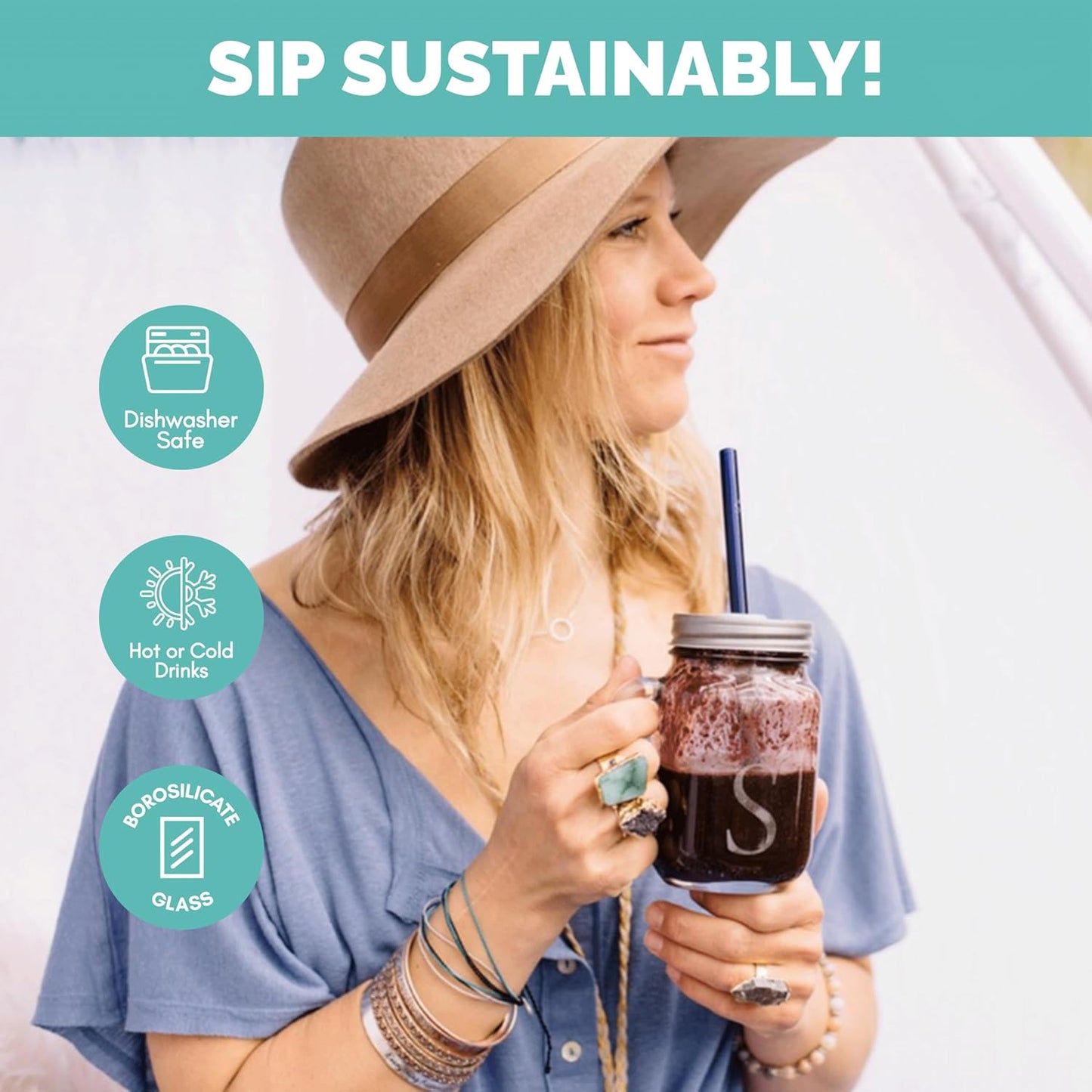 Simply Straws 10 Inch Glass Straws Straight (6-Pack) – Reusable Glass Straws for 24 Oz Mason Jars & Tumblers, with Cleaning Brush – Durable, Dishwasher Safe, Hot & Cold Use, BPA-Free (Iridium)