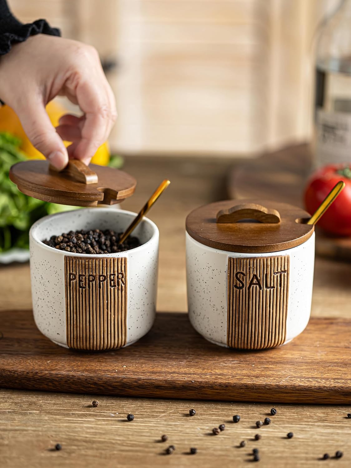 Salt and Pepper Bowl Ceramic, 10 Oz Salt and Pepper Cellar with Lid and Spoon, Farmhouse Salt Containers for Countertop, White