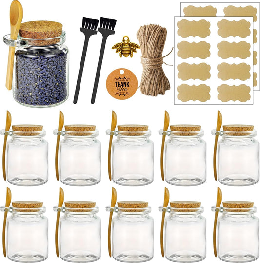Ahhute Glass Sugar Scrubs Jars, Bath Salt Container 8oz, Salt Cellar with Spoon, Honey Scrubs Jars w/Lids, Labels and Cleaning Brush, Set of 12