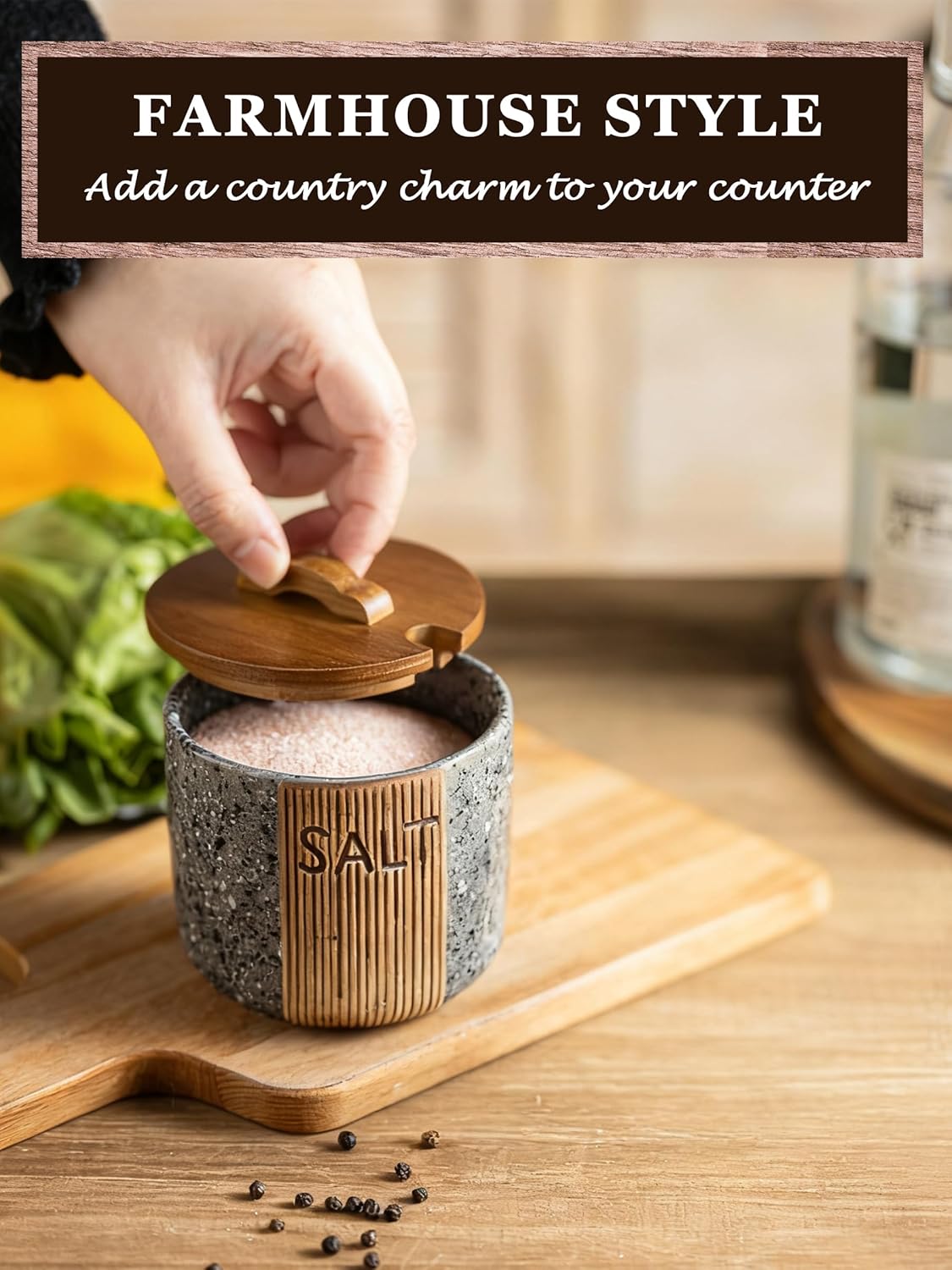 Salt Cellar with Lid & Spoon, Ceramic Salt Container for Countertop, 10 OZ Salt Bowl Holder, Gray