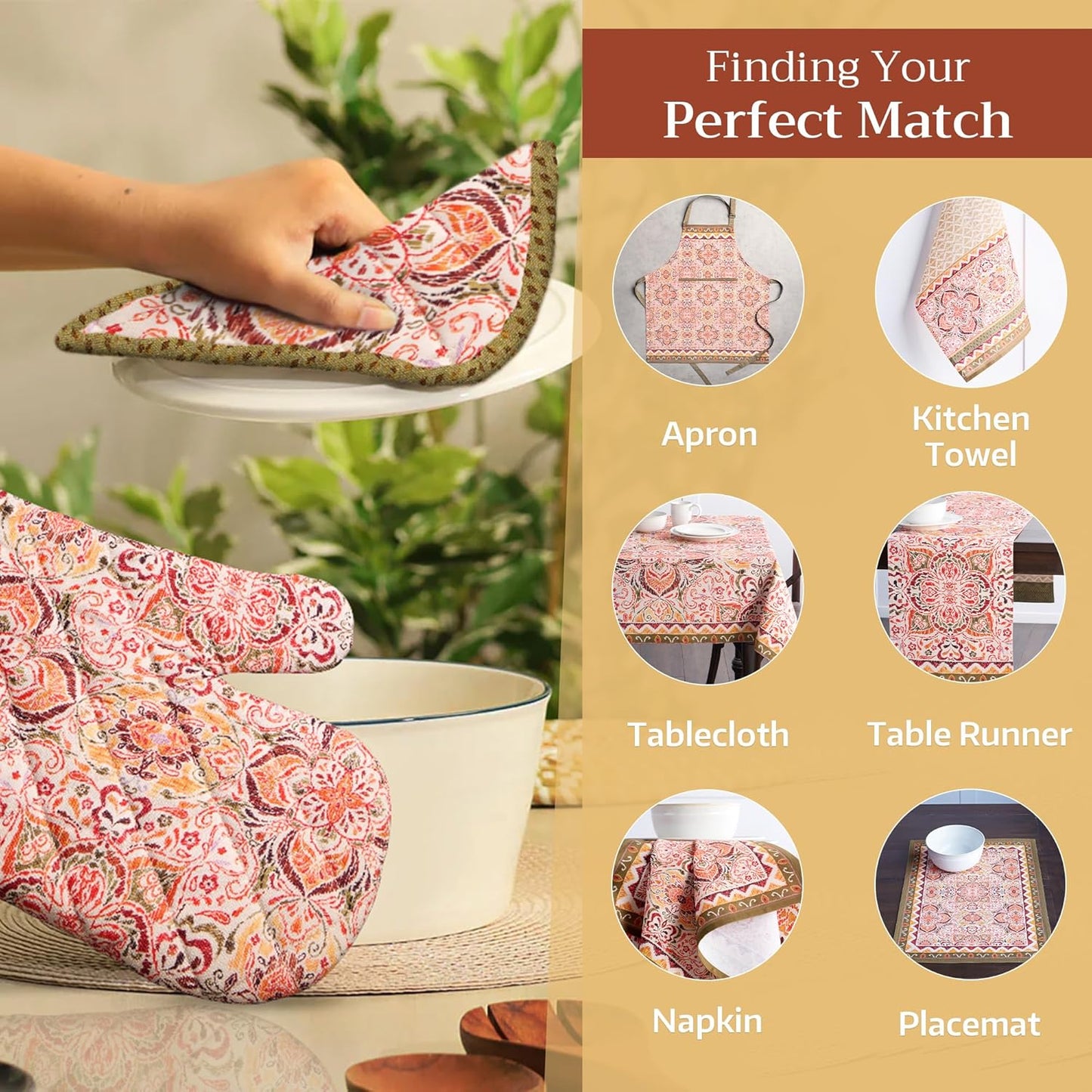 Maison d' Hermine Oven Gloves 100% Cotton Oven Mitt 7" x 13" with Loop Heat Resistant, BBQ, Cooking Gloves, Baking, Grilling, Kitchen, Handling Hot Pans (Pack of 1, Damask)