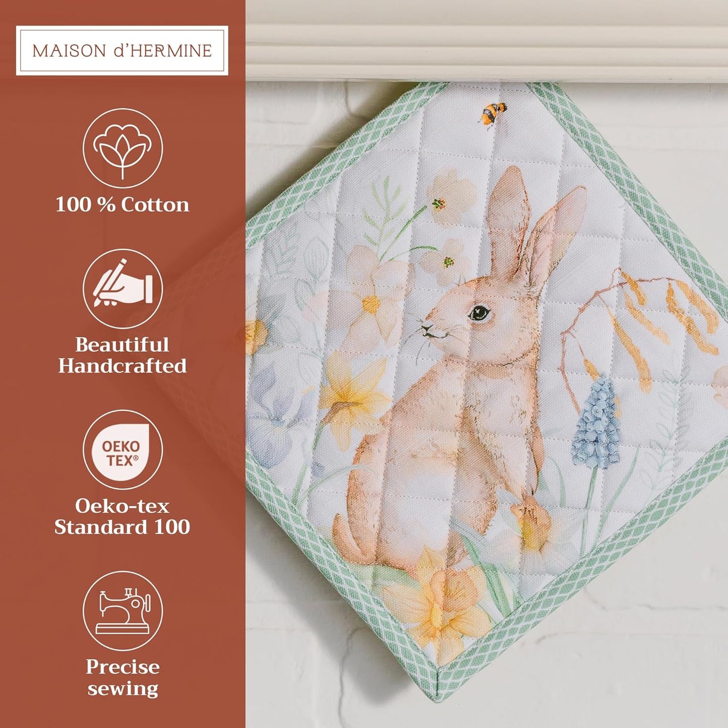 Maison d' Hermine Pot Holders 100% Cotton Heat Resistant Potholders 8" x 8" Hot Pads with Loop BBQ, Cooking, Baking, Grilling, Kitchen, Handling Hot Pans Spring/Summer (Pack of 1, Easter Dew)