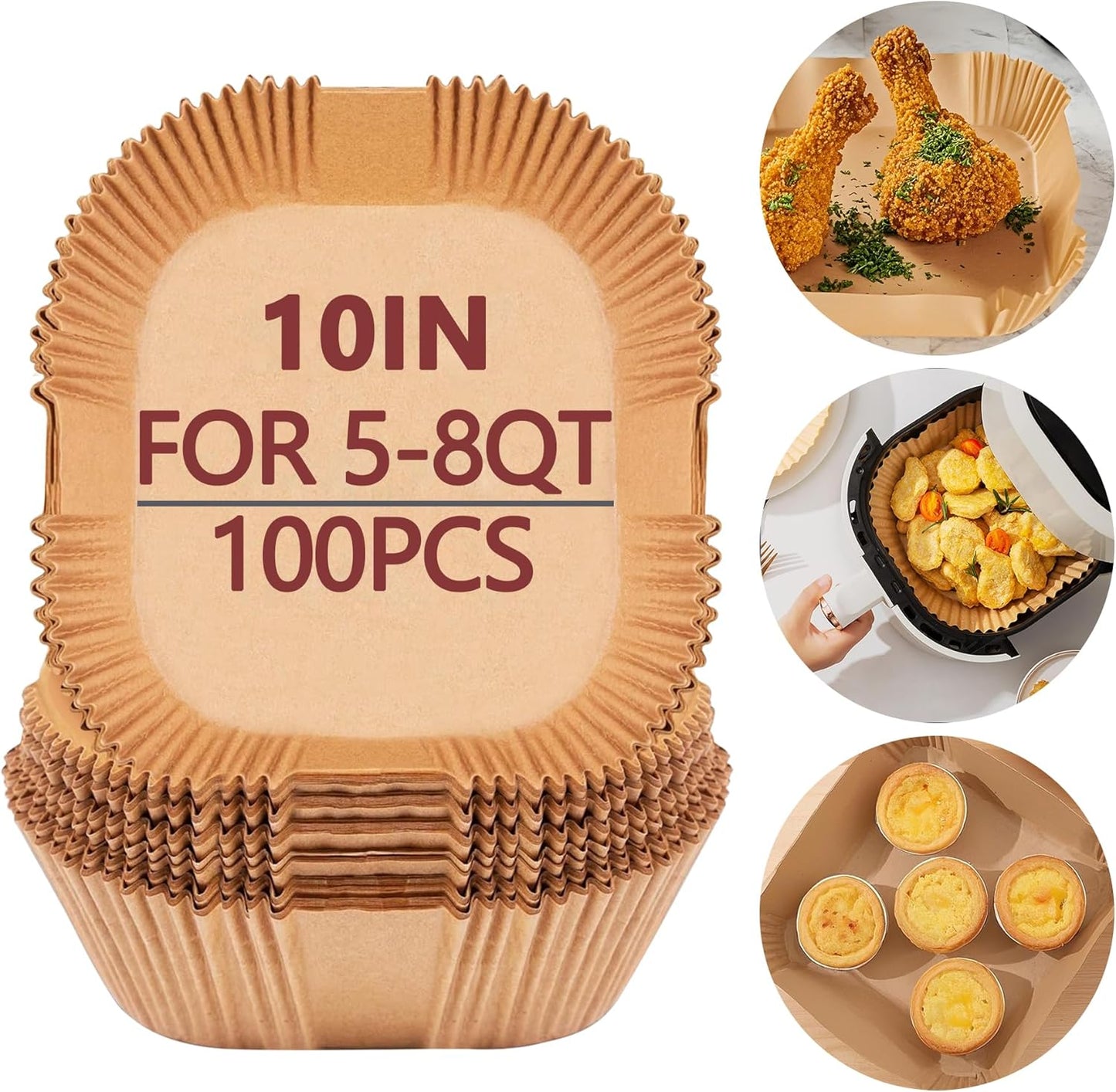 10 Inch Air Fryer Liners Disposable, 100 Pack Parchment Paper Sheets for Air Fryer Basket, Non-Stick, Disposable, Unbleached, Heat Resistant, Fits 5-8 QT Air Fryers, Oil-Free & Healthy Cooking