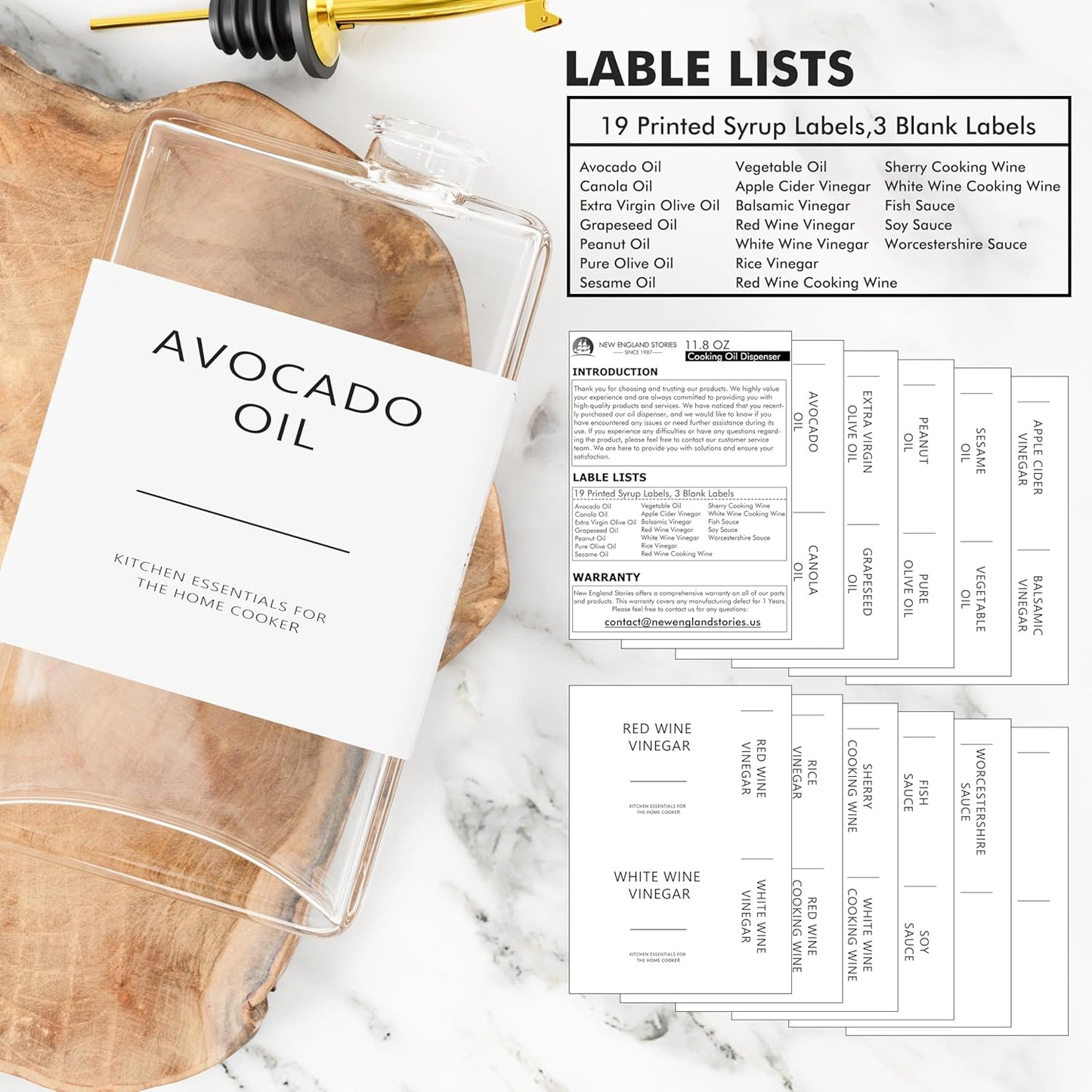 New England Stories Kitchen Cooking Oil Dispenser Set, Olive Oil and Vinegar Bottles, Soy Sauce Dispenser - 6 Pieces, Gold, Durable & Stylish Design