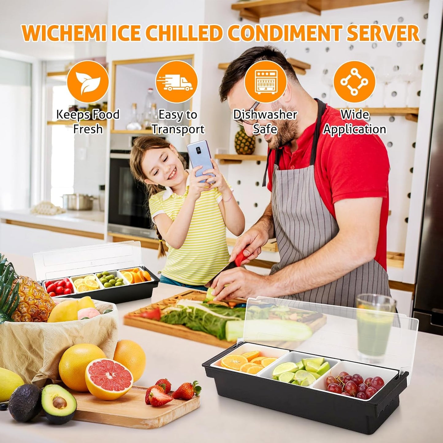 WICHEMI Fruit, Veggie & Condiment Caddy with Lid Dispenser Tray Garnish Station for Bartending & Serving Taco, Ice Cream, Salad Bar - Topping Organizer for Restaurant Supplies (3 Compartment, 2 Pack)