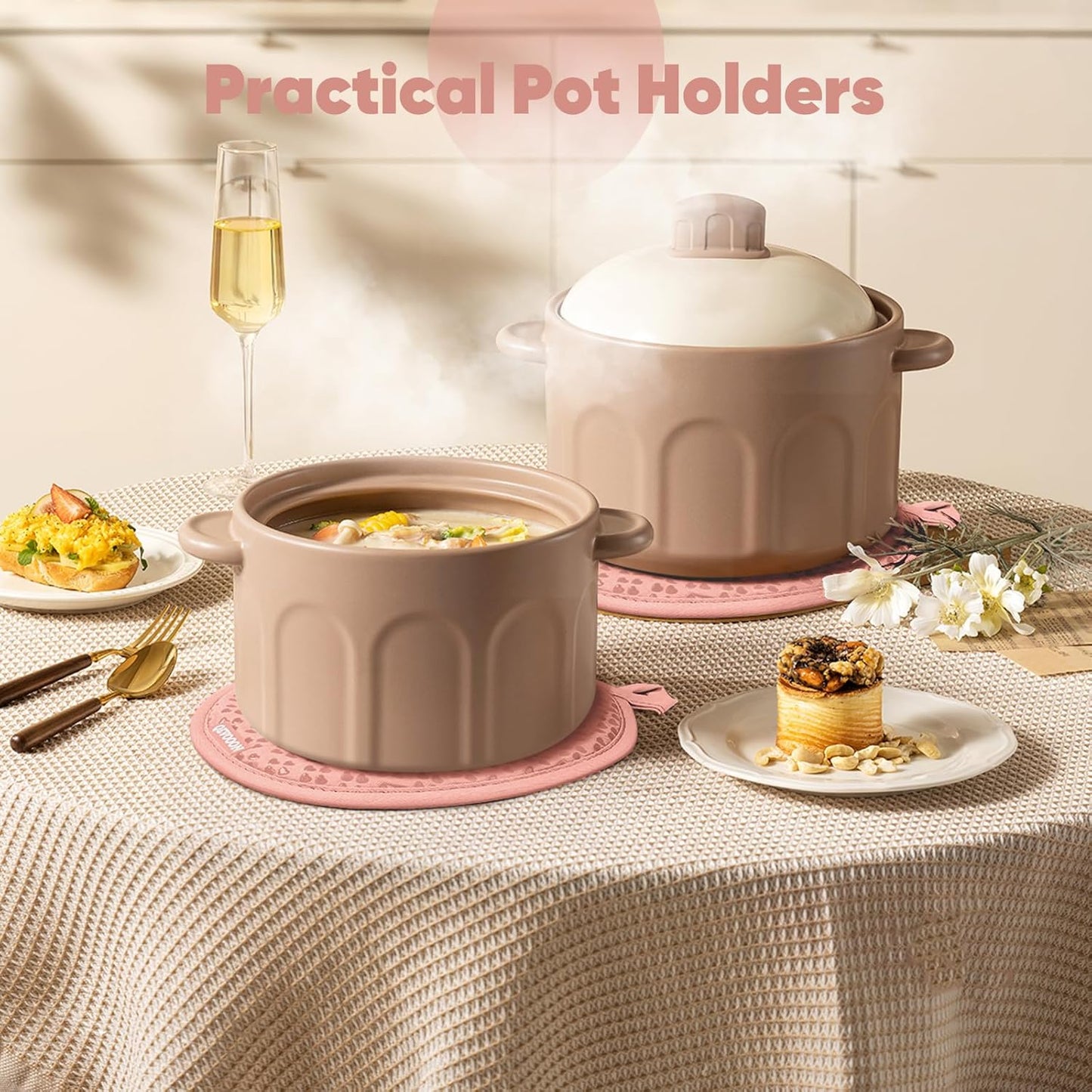 Oven Mitts and Pot Holders 4 Sets, Heat Resistant 500 ℉ Oven Mitt and Pot Holder,Oven Glove&Potholders with Non-Slip Silicone Surface,Kitchen Essentials for Cooking/Baking/BBQ-Pink