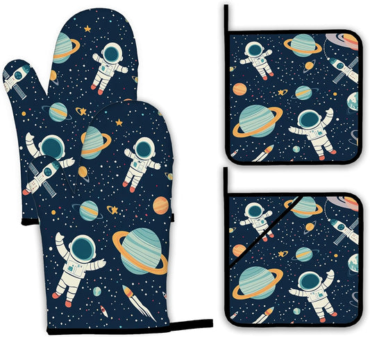 Astronaut Oven Mitts and Pot Holders,Planet Heat Resistant Oven Mitts Gloves and Pot Holder for Home Kitchen Decorations Cooking Baking BBQ Gifts,Set of 4