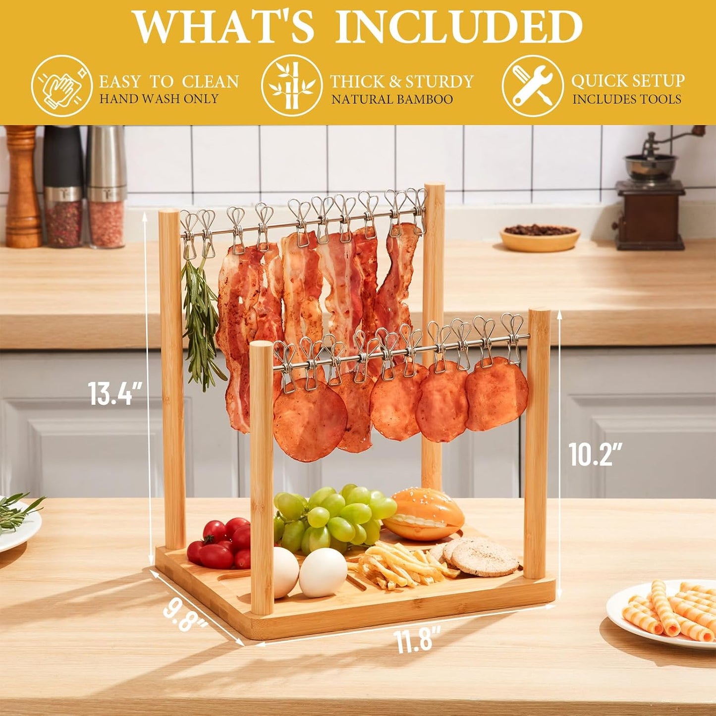 Bacon Display Rack with Clothesline Serving Tray, Patented Design Bacon Serving Dishes and Extra Double Hangers, Exquisite Holder for Housewarming, Home Party, or Wedding Gifts (Natural Bamboo)