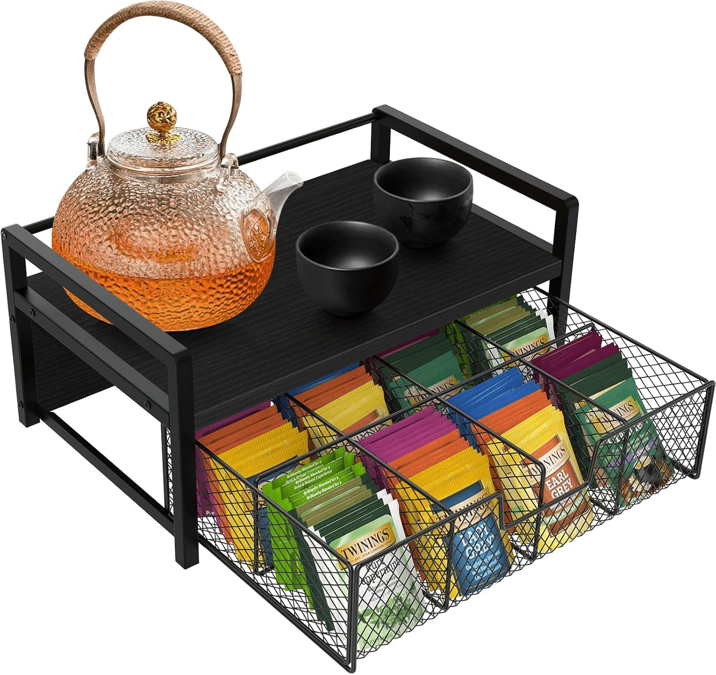 Homode Wood Tea Bag Organizer, Teabag Holder with Drawer, Tea Organizers and Storage Box, 8 Compartments Tea Caddy Station Chests Display Container for Counter Kitchen, Black