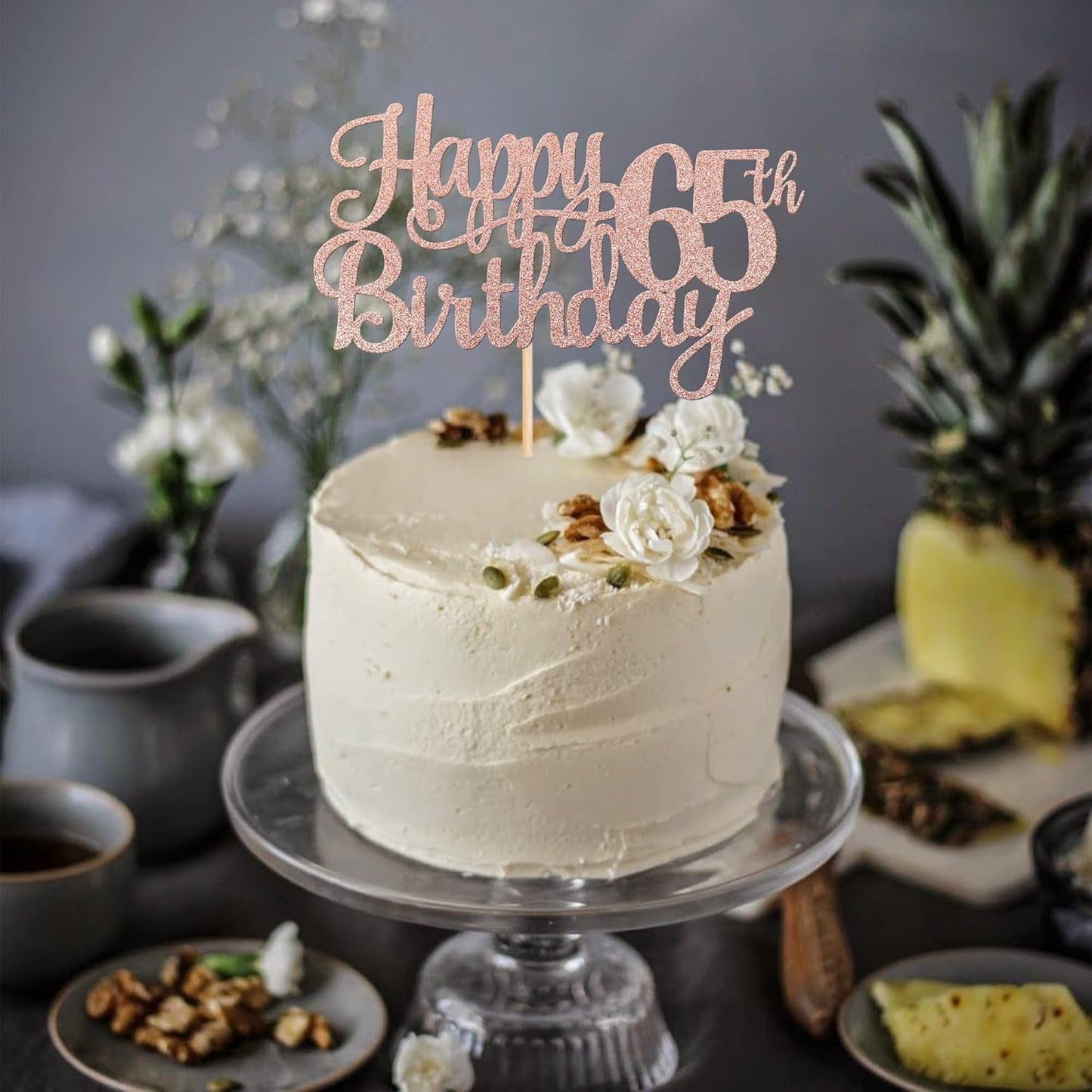 1 PCS Happy 65th Birthday Cake Topper Glitter Cheers to 65 Years Birthday Cake Pick 65 Fabulous Cake Decoration for Happy 65th Birthday Theme Party Decorations Supplies Rose Gold