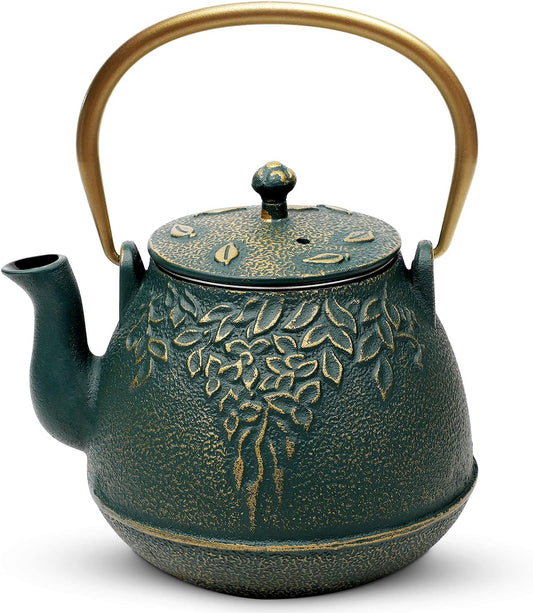 TOPTIER Japanese Cast Iron Tea Kettle with Infuser, Leaf Design Teapot Stovetop Safe Coated with Enameled Interior for 32 Ounce (950 ml), Dark Green