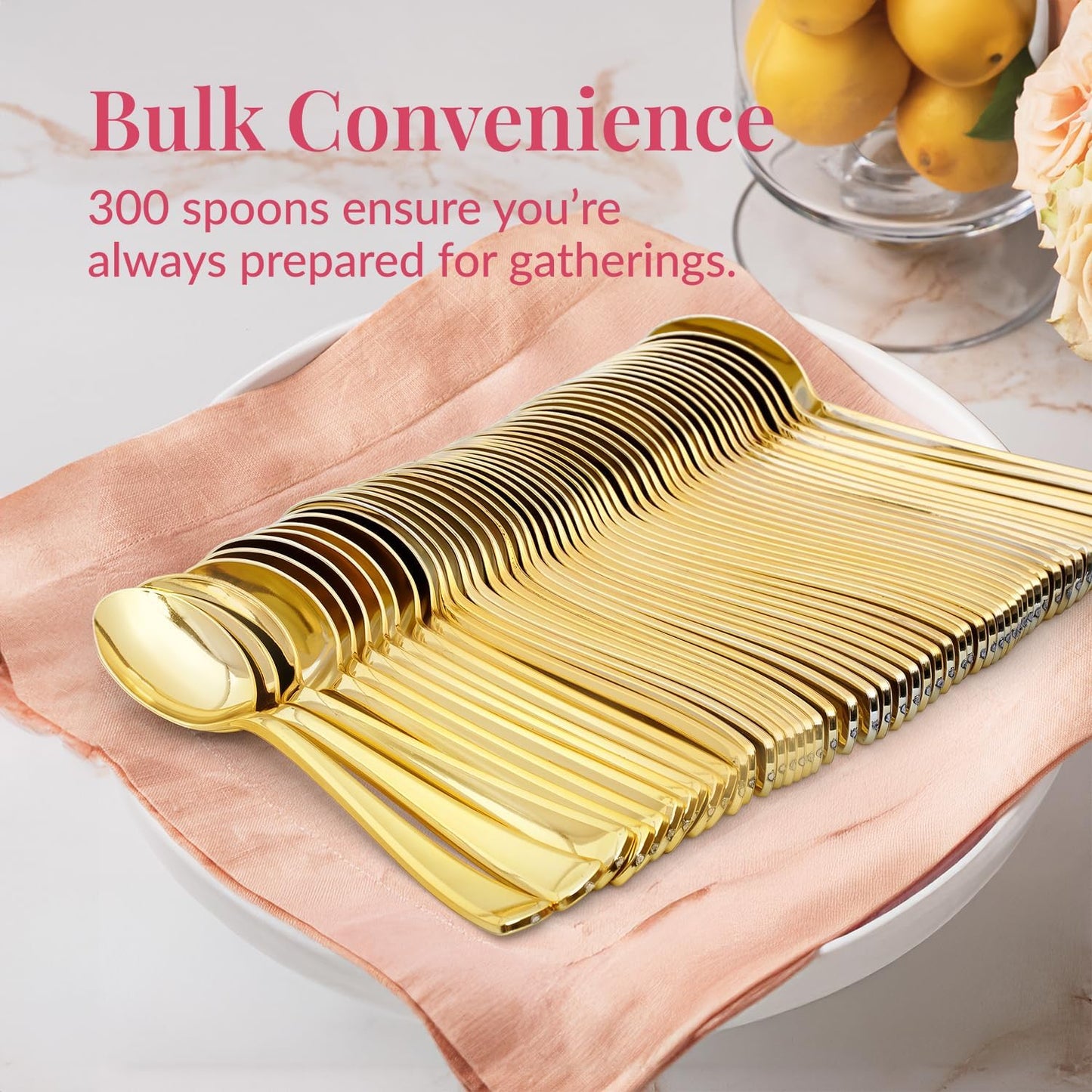 Prestee Gold Plastic Spoons, 300 Pc, Disposable Spoon Cutlery Flatware Pack for Party, Wedding Events, Sparkle & Glamour - Plastic Utensil Set for Parties, Events and Everyday Use