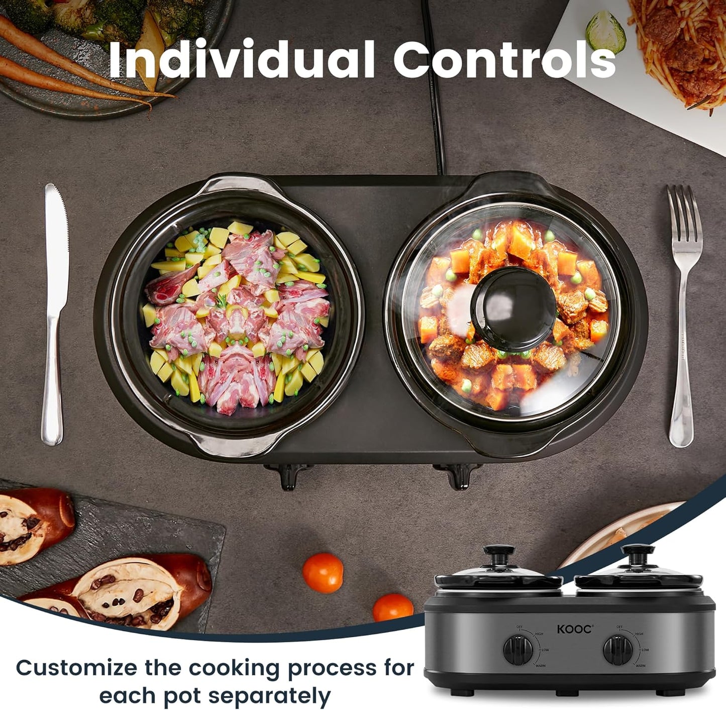 KOOC Double Small Slow Cooker, Buffet Server and Warmer, 2 Mini Pots with 3 Individual Adjustable Temp, Dual Ceramic Pots, Free Liners for Easy Clean-up, Stainless Steel, Total 2.5 Quart, Grey, Round