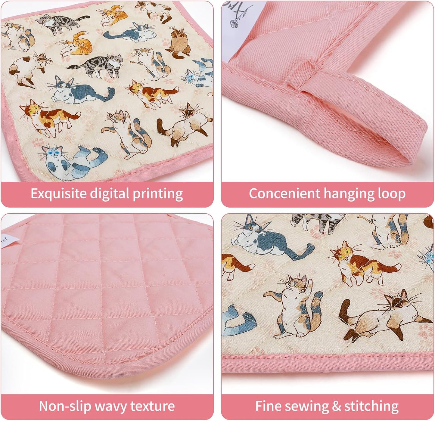 Cat Oven Mitts and Pot Holders Sets 4Pcs, 100% Cotton Heat Resistant, Extra Long Oven Gloves Potholder for Kitchen Cooking Baking Housewarming