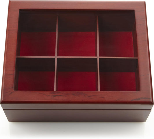 Tea Box - Luxury Wooden Tea Bag Organizer from The Apace Premier Collection - 6 Compartment Tea Storage Chest Container - Elegantly Handmade w/Scratch Resistant Window