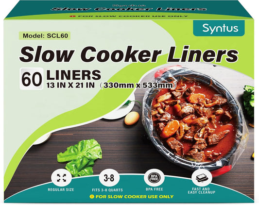 Syntus Slow Cooker Liners, 60 Count Cooking Bags Large Size Disposable Pot Liners Plastic Bags, Fit 3QT to 8QT for Slow Cooker Cooking Trays, 13"x 21", 60 Liners