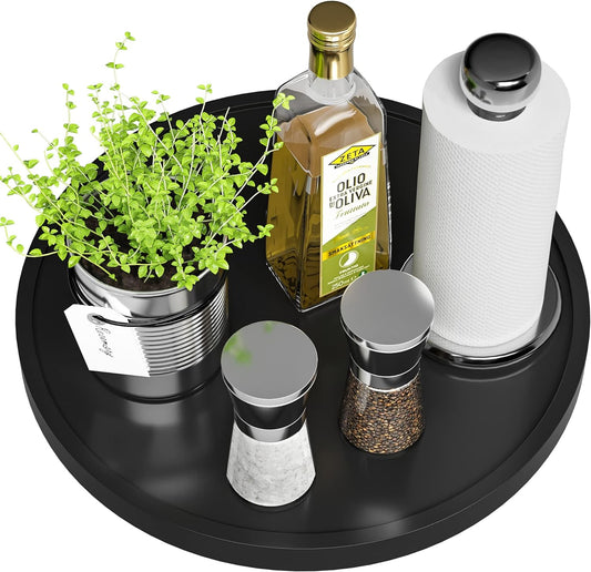 Lazy Susan for Table, 12 Inch Non-Skid Bamboo Turntable Organizer for Salt Pepper Spices and Olive Oil Next to Stove, Wooden Rotating Tray for Kitchen Countertop Organizer Black