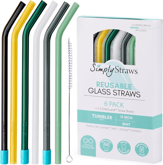 Simply Straws 12 Inch Glass Straws Bent (6-Pack) – Reusable Glass Straws for Stanley 40 Oz Tumbler, with Cleaning Brush – Durable, Dishwasher Safe, Hot & Cold Use, BPA-Free (Fjord Mist)