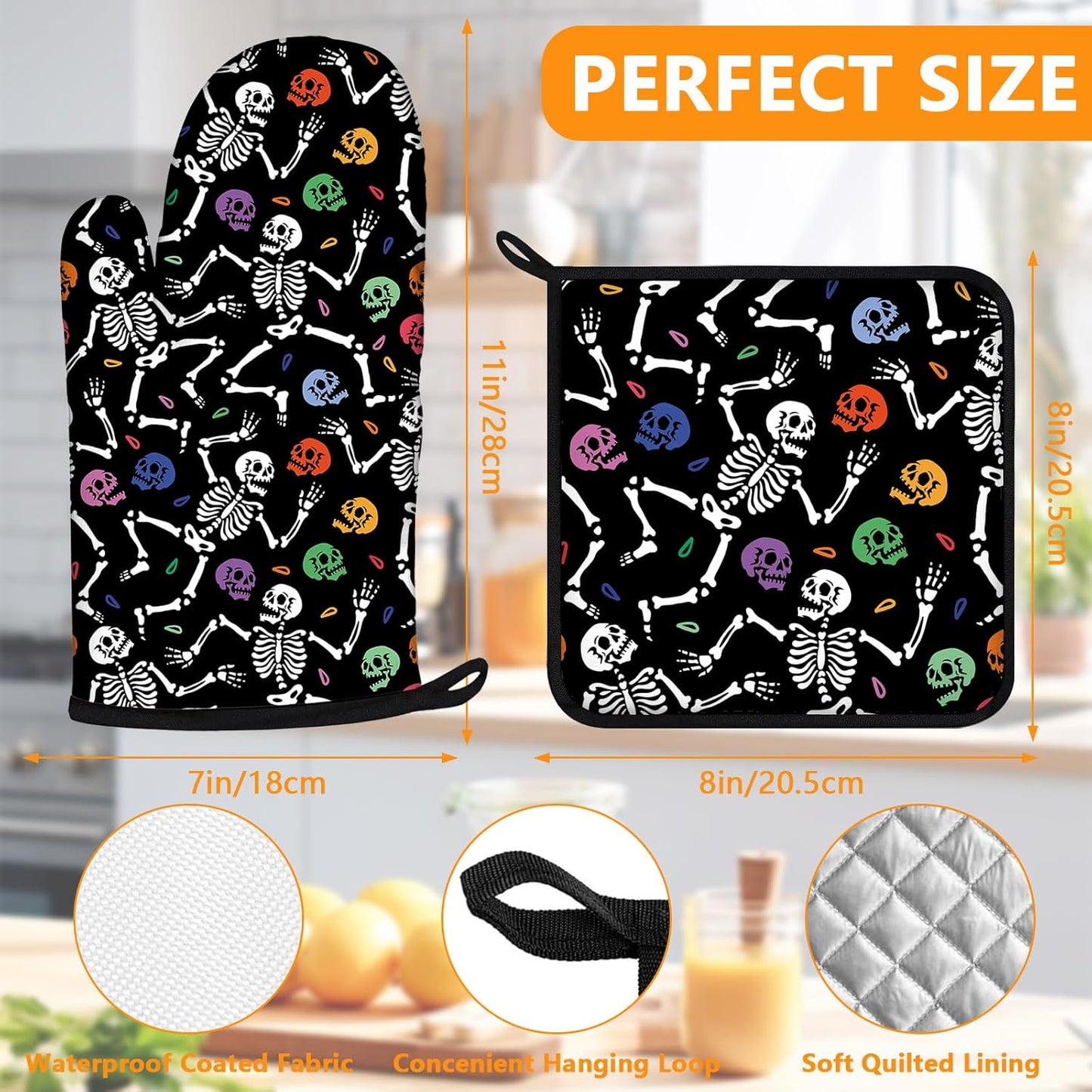 Skeleton Oven Mitts and Pot Holders Sets 4Pcs,Extra Long Oven Gloves Potholder for Kitchen Cooking Baking BBQ 100% Cotton Heat Resistant