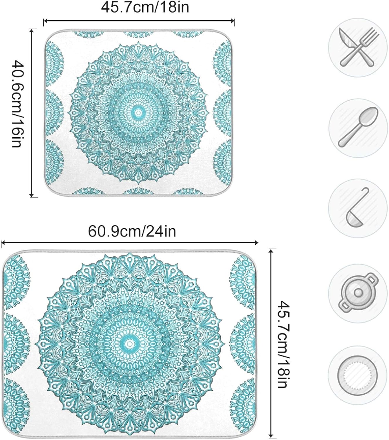 Super Absorbent Dish Drying Mat, Microfiber Fast-Drying Dish Mat, 16" x 18", Kitchen Dish Drying Pad, Boho Ethnic Turquoise Mandala