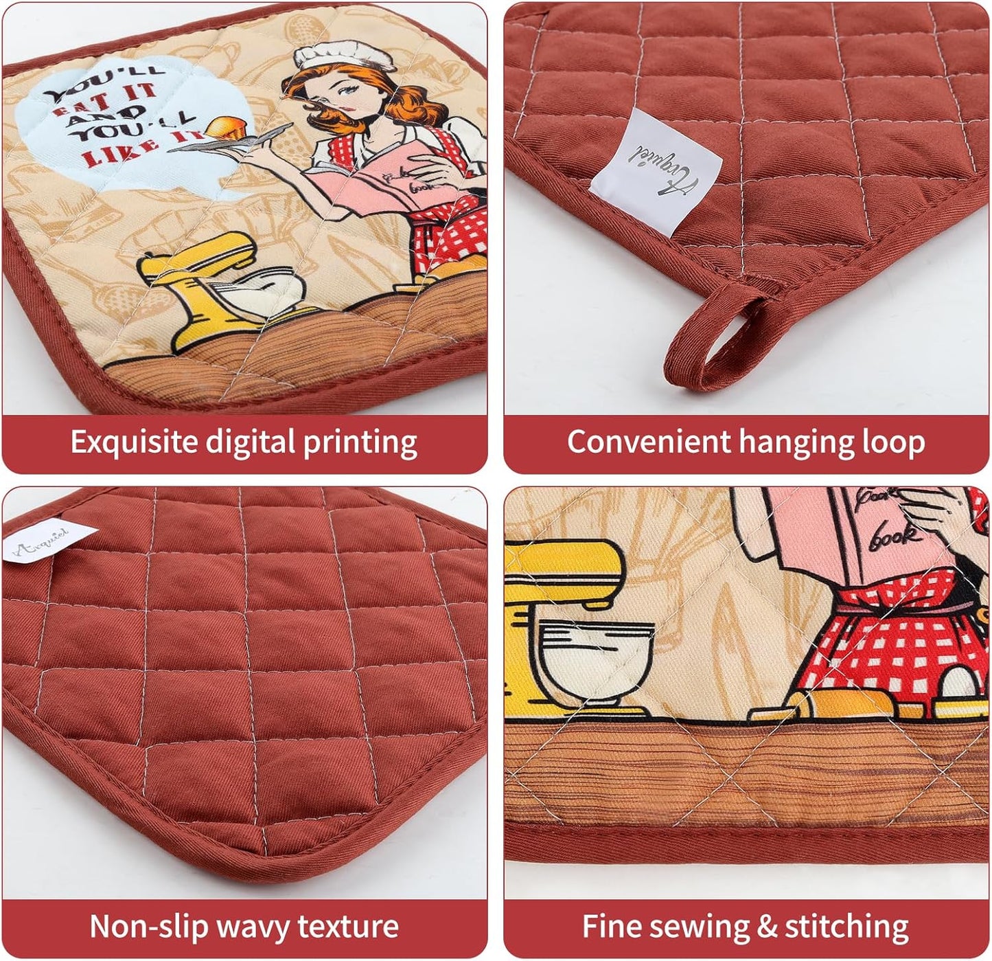 Retro Housewife Oven Mitts and Pot Holders Sets 2Pcs, 100% Cotton Heat Resistant, Extra Long Oven Gloves Potholder for Kitchen Cooking Baking Decoration