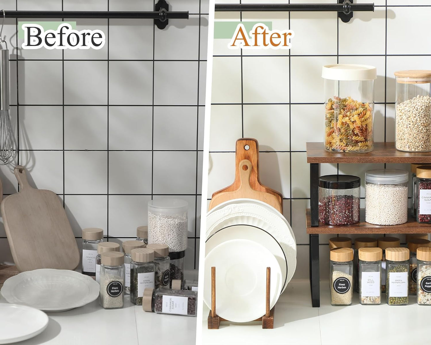 Marsui 4 Pcs Kitchen Organizer Accessories Set Cabinet Organizer Shelf and Bamboo Dish Drying Plate Rack Counter Shelves Storage Holder for Spice Rack, Dish, Pot Lid, Bowl, Cup(Deep Color)