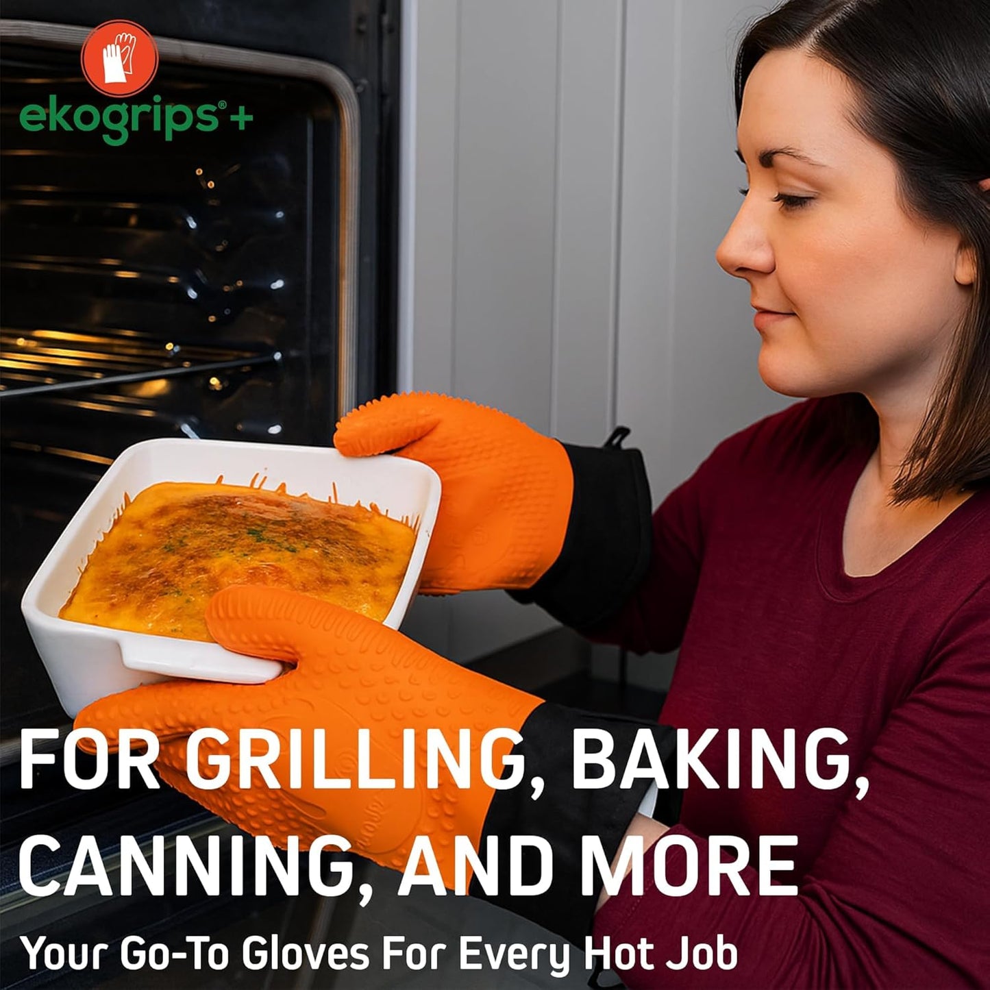 Ekogrips+ Premium Silicone Oven Mitts - Comfy, Waterproof, Heat Resistant BBQ Gloves for Grilling, Long Cuff for Added Protection, 5 Finger Dexterity, 3 Sizes, 4 Colors, S/M, Orange