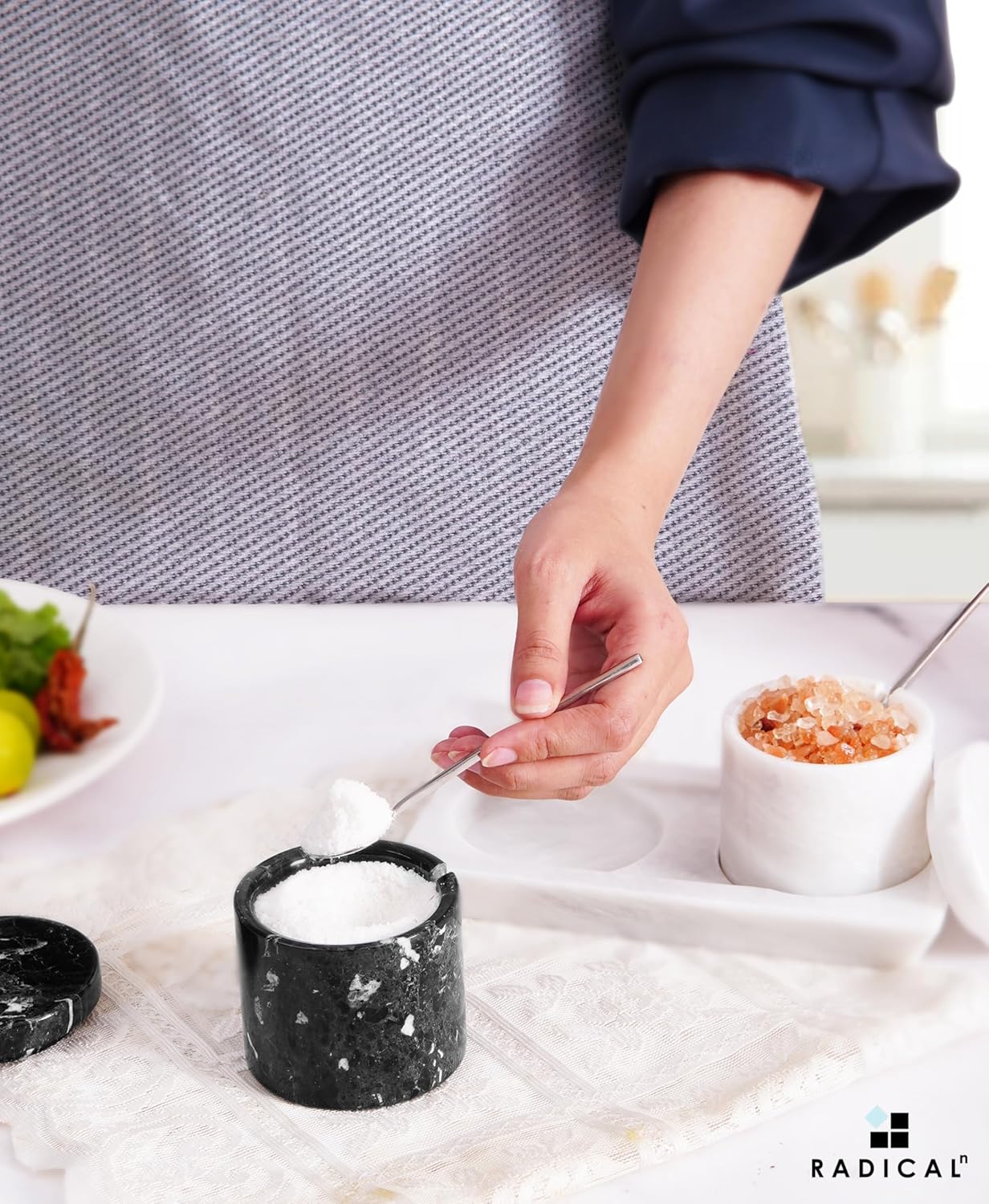 Radicaln Marble Salt Cellar With Lid and Tray 3" Inch Black and White Salt Container, Set of 2 Seasoning Jars, Spice Storage Container and Salt Bowl for Kitchen Countertop